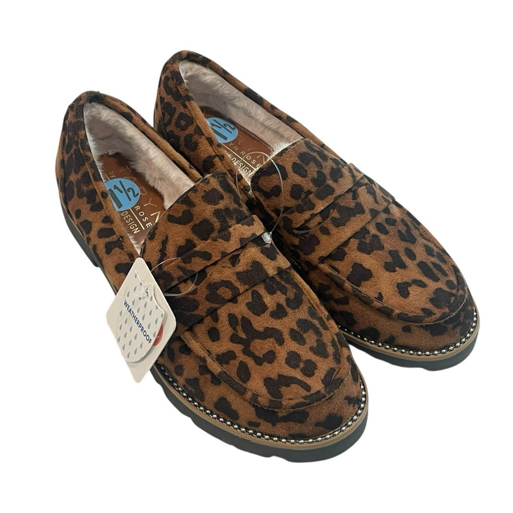 Taryn Rose Faux Suede Leopard Loafers with Faux Fur Lining Stud Accents 7.5 NWT